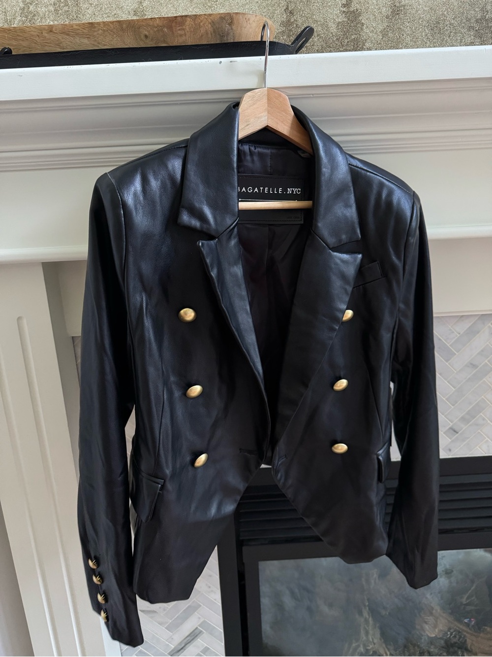 bagatelle Black Double-Breasted Faux Leather Blazer with Gold Buttons